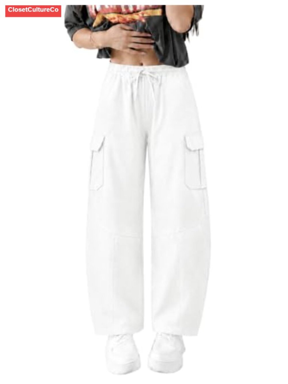 Mid Rise Wide Leg Cargo Pants Drawstring Elastic Waist Pockets